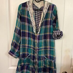 Boho-Chic Plaid Shirt/Dress with Lace Size S